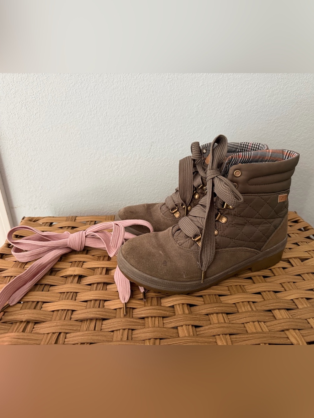 Keds Brown Quilted Lace-Up Ankle Boots with Pink Accent Laces